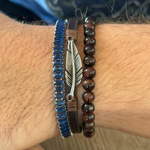 Pulseira de Aço Trend Couro Marrom Pedra Olho de Tigre 21cm