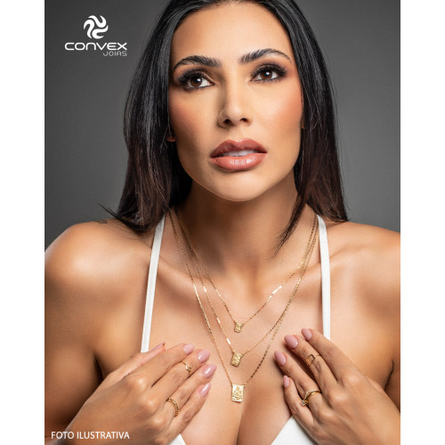 Escapulário de Ouro 18k Nossa Senhora do Carmo e Sagrado Coraçao de Jesus Malha Elo Sextavado 12.6x9.2 60cm Coleção Fé