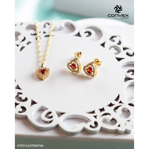 Pingente de Prata Coração com Zircônia Vermelha e Zircônias brancas Revestido com ouro 18K 9x9mm