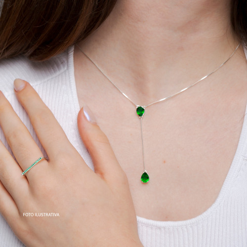 Colar de Prata Gravatinha  Zircônia Esmeralda 45cm