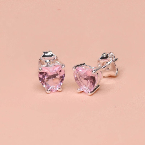 Brinco de Prata Ponto de Luz Coleção Fancy Coração Zircônia Rosa 6mm
