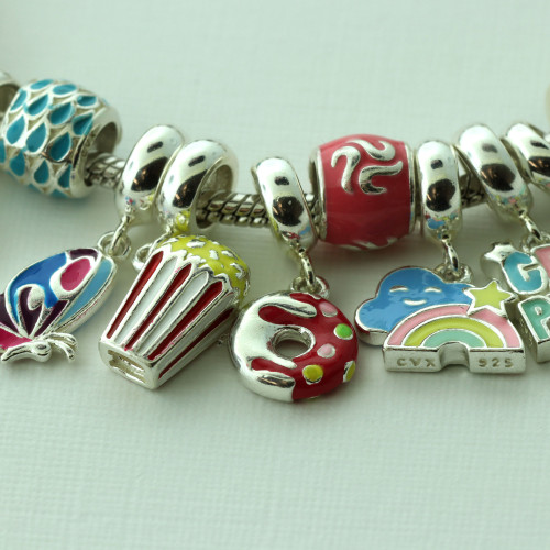 Pingente Prata Link Tubo Separador Convex com Resina Rosa