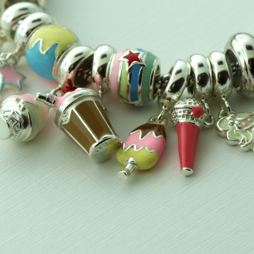 Pingente Prata Link Microfone com Estrela com Resina Rosa