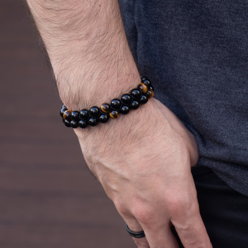 Pulseira Nordic Barak Pedra Onix e Olho de Tigre 8mm 18 a 25cm