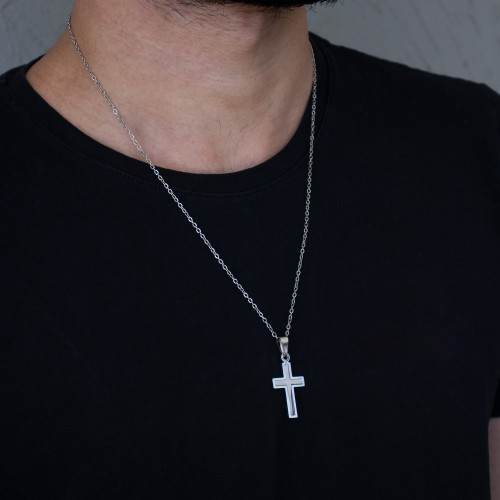 Pingente de Aço Cruz Polida com Detalhe Fosco 34x19mm