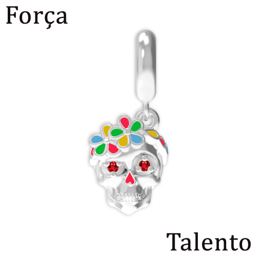 Berloque de Prata La Catrina Caveira Margarita com Resina