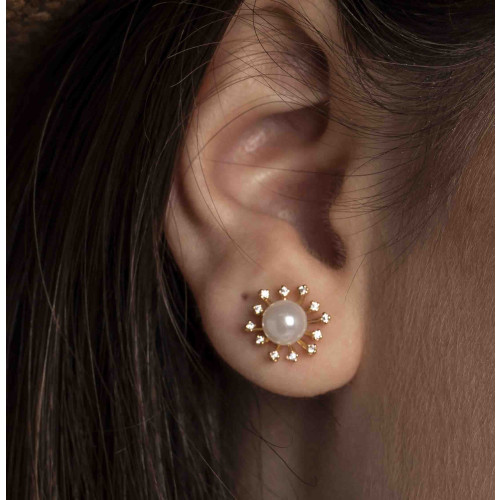 Brinco de Prata Encanto Pérola Revestido com Ouro 18k com Zircônias Brancas