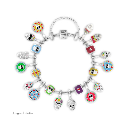Berloque de Prata La Catrina Caveira Adelita com Resina