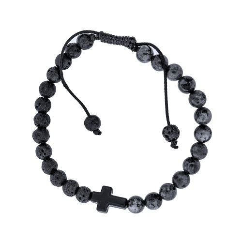 Pulseira de Aço Pedra Vulcânica e Labradorita com Cruz Ajustável 19cm a 25cm