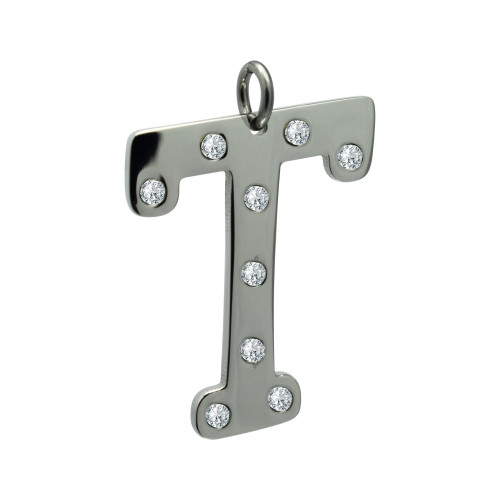 Pingente Aço Letra T com Zircônia