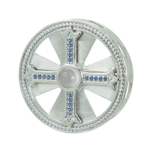 Pingente de Prata Neo Crystal Cruz de São Bento Zircônia Azul Lente Oração de São Bento