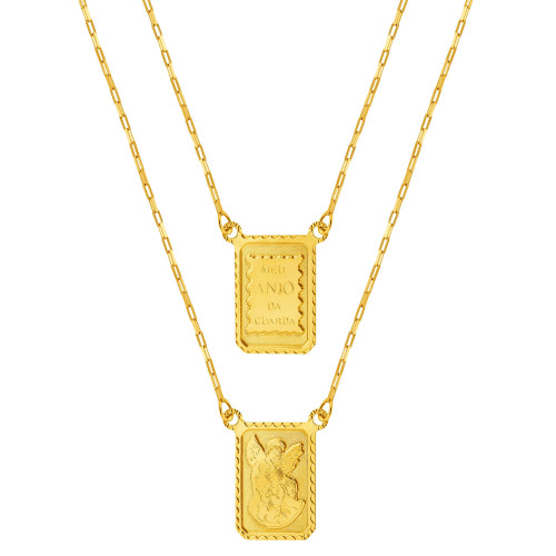Escapulário de Ouro 18k Anjo da Guarda a Laser 12x0.9 60cm Coleção Fé
