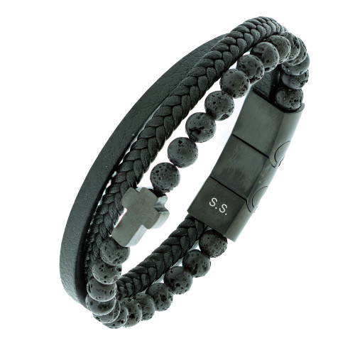 Pulseira de Aço Stone Couro e Pedras Vulcânicas 20cm