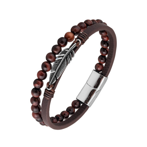 Pulseira de Aço Trend Couro Marrom Pedra Olho de Tigre 21cm