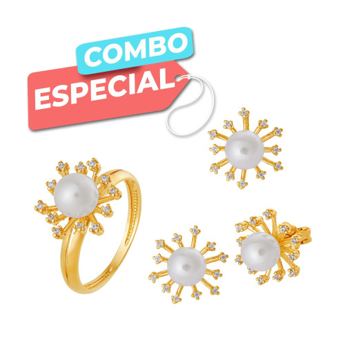 Conjunto de Prata  Brisa  Anel + Brinco + Pingente Revestido com Ouro 18k