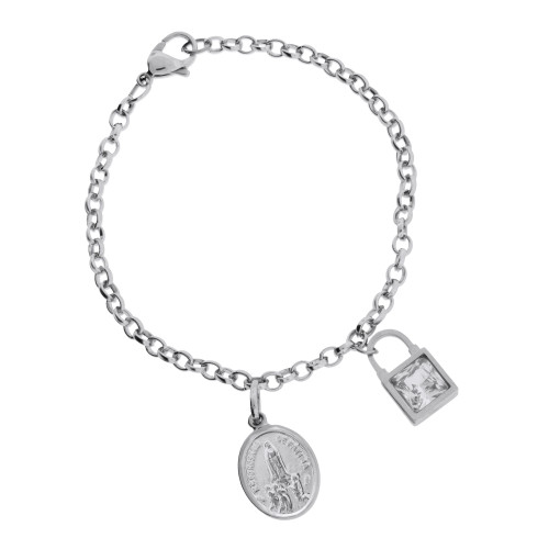Pulseira de Aço Consagração Rosário de Fátima cadeado de Zircônia 17cm