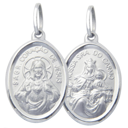 Pingente aço oval Escapulário Sagr. Cor. Jesus com N. Sra do Carmo.