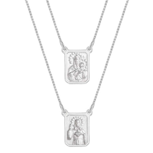 Escapulário de Prata Sagrado Coração de Jesus e NSra do Carmo Dupla Face 60cm