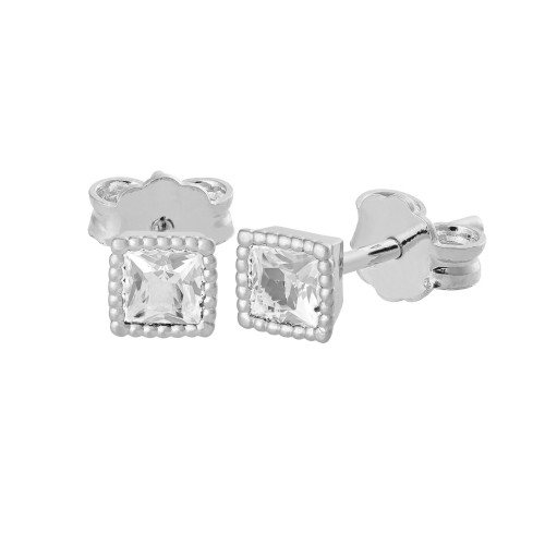 Brinco de Prata Quadrado Zircônia Branca Carré 3mmX3mm