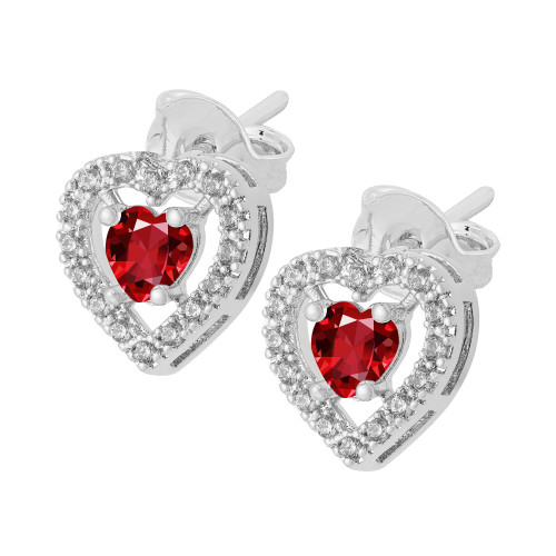 Brinco de Prata Coração com Zircônia Vermelha e Zircônias brancas 9x9mm