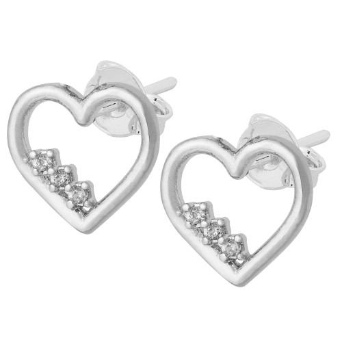 Brinco de Prata Loving Heart com 3 Zircônias brancas 9x9mm