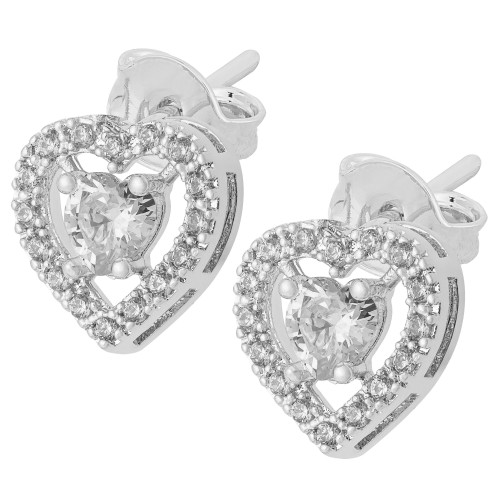 Brinco de Prata Coração com Zircônias Brancas 9x9mm