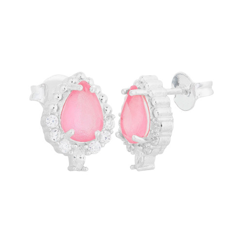Brinco Prata Gota com Zircônia Safira e Rosa Fosca 13x8mm