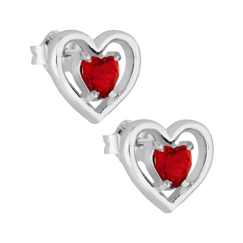 Brinco Prata Coração com Zircônia Vermelha 11x12mm