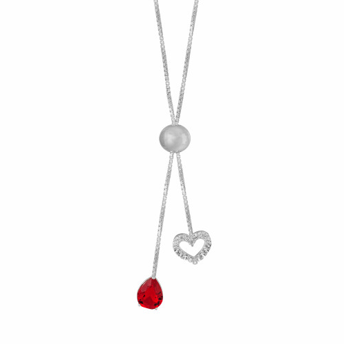 Colar de Prata Gravatinha Italiana Gota Vermelha com zircônias 8x8 70cm ajustável