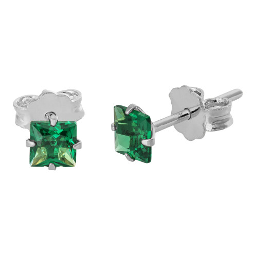 Brinco de Prata Solitário Zircônia Verde Carré 4mm