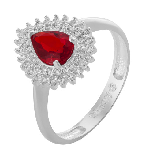 Anel de Prata Coleção Queens Cristal Rubi 5x7 e Zircônias Brancas