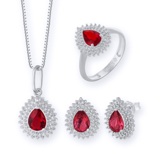 Conjunto de Prata Coleção Queens Cristal Rubi 5x7 e Zircônias Brancas