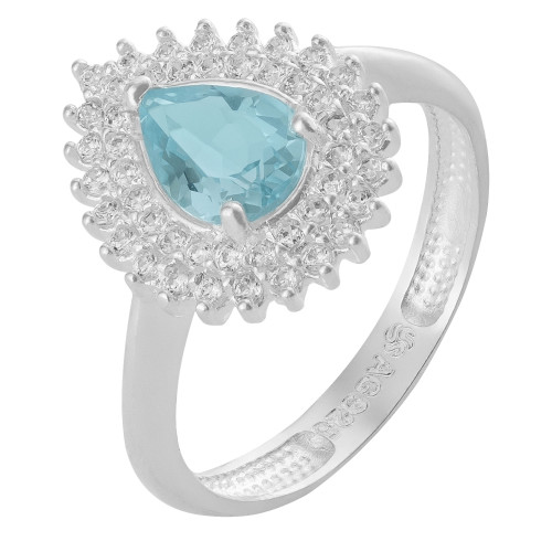 Anel de Prata Coleção Queens Gota Cristal Topázio Sky 5x7 e Zircônias Brancas