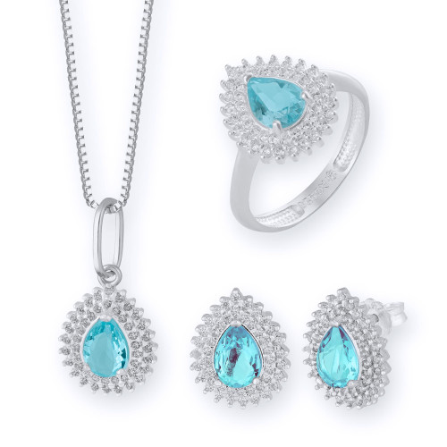 Conjunto de Prata Coleção Queens Cristal Topázio Sky 5x7 e Zircônias