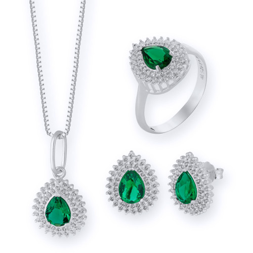 Conjunto de Prata Coleção Queens Cristal Esmeralda 5x7 e Zircônias Brancas