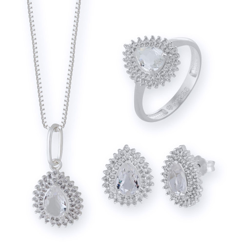 Conjunto de Prata Coleção Queens Cristal 5x7 e Zircônias Brancas