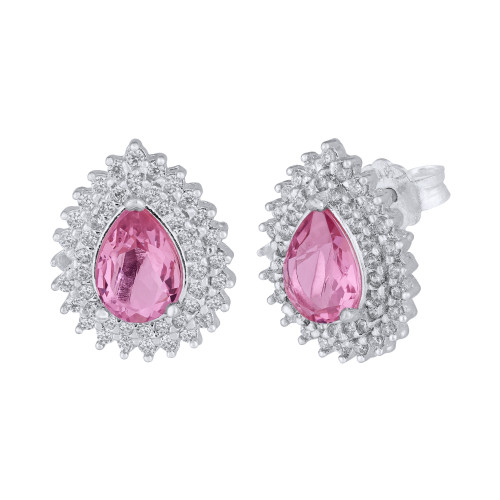 Brinco de Prata Coleção Queens Cristal Safira Rosa 5x7 e Zircônias Brancas