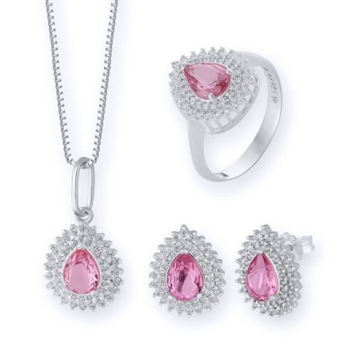 Conjunto de Prata Coleção Queens Cristal Safira Rosa 5x7 e Zircônias Brancas