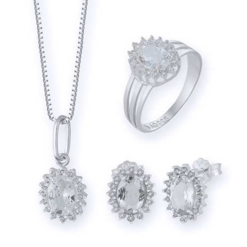 Conjunto de Prata Coleção Queens Cristal 6x8 e Zircônias Brancas