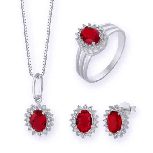 Conjunto de Prata Coleção Queens Cristal Rubi 5x7 e Zircônias Brancas