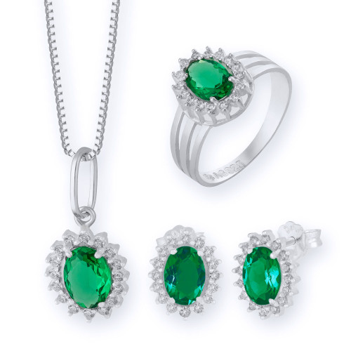 Conjunto de Prata Coleção Queens Cristal Esmeralda 5x7 e Zircônias Brancas