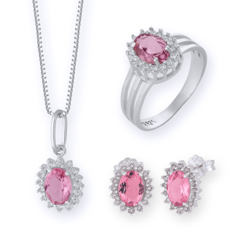 Conjunto de Prata Coleção Queens Cristal Safira Rosa 5x7 e Zircônias Brancas