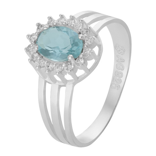 Anel de Prata Coleção Queens Oval Cristal Topázio Sky 5x7 e Zircônias Brancas
