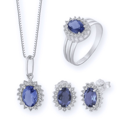 Conjunto de Prata Coleção Queens Cristal Tanzanita 5x7 e Zircônias Brancas