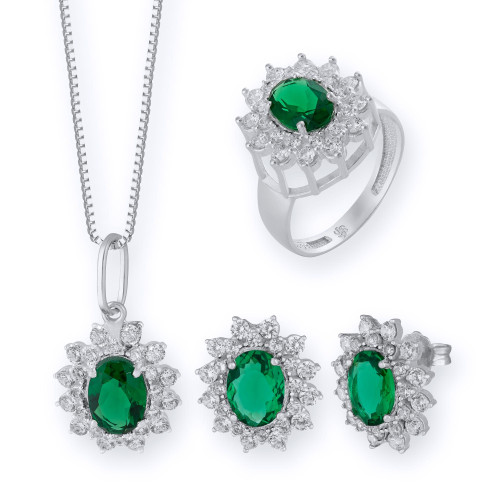Conjunto de Prata Coleção Queens Cristal Esmeralda 6x8 e Zircônias Brancas