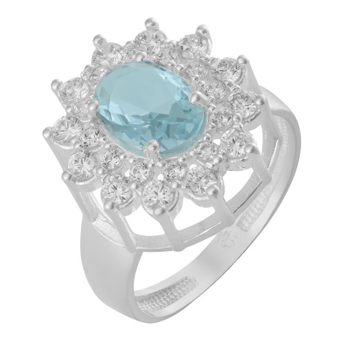 Anel de Prata Coleção Queens Cristal Topázio Sky 6x8 e Zircônias Brancas