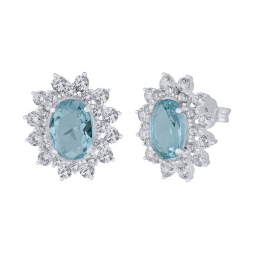 Brinco de Prata Coleção Queens Cristal Topázio Sky 6x8 e Zircônias Brancas