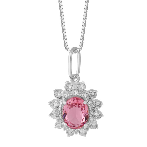 Colar de Prata Coleção Queens Cristal Safira Rosa 6x8 e Zircônias Brancas 45cm