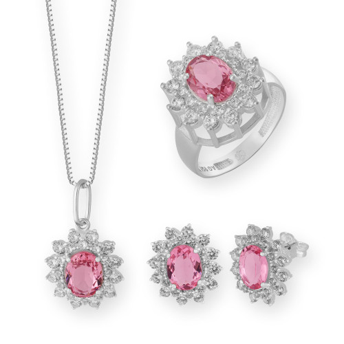 Conjunto de Prata Coleção Queens Cristal Safira Rosa 6x8 e Zircônias Brancas