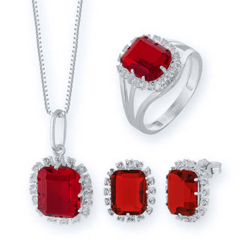 Conjunto de Prata Coleção Queens Cristal Rubi 8x10 e Zircônias Brancas